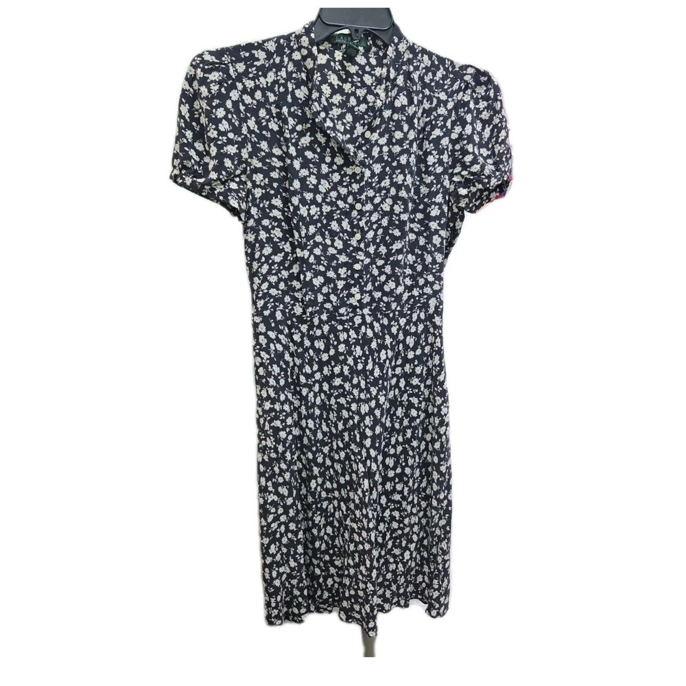 Lauren Ralph Lauren Silk Floral Shirt Dress Navy Blue White Short Sleeve Size 10